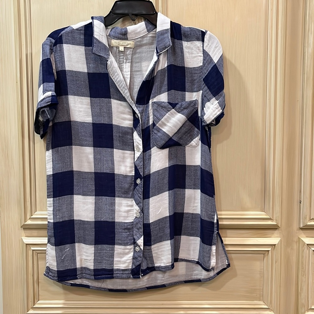 Navy and white plaid Side Stitch women’s button down shirt.